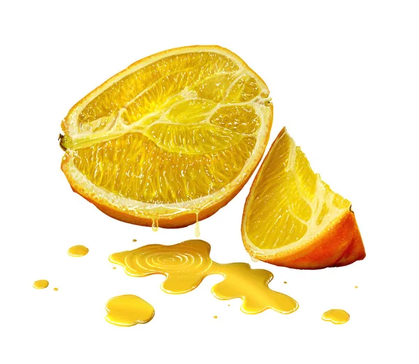 Digitální malba oranžové ovoce a šťávy izolovaných na bílém pozadí — Stock fotografie