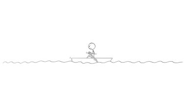 Yalnız adam tek başına kürek Merkezi deniz küçük tekne karikatür çizimi