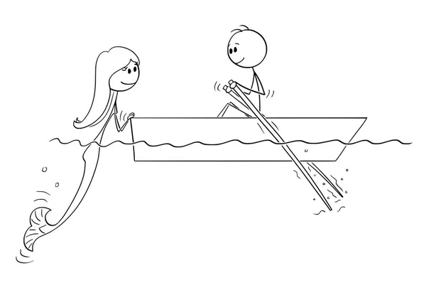 Zeichnung eines Mannes, der in einem kleinen Boot auf dem Wasser oder Meer paddelt und Meerjungfrau trifft — Stockvektor