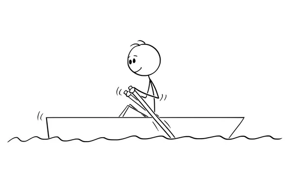 Cartoon tekenen van Man peddelen in kleine boot op Water — Stockvector