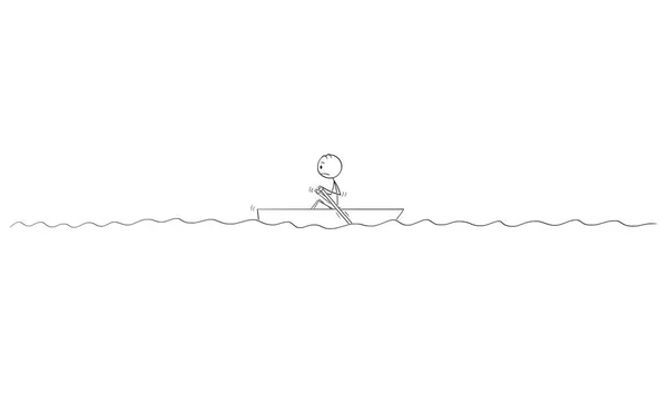 센터의 바다에서 작은 보트에 혼자 외로운 사람이 얕은의 만화 그림 — 스톡 벡터