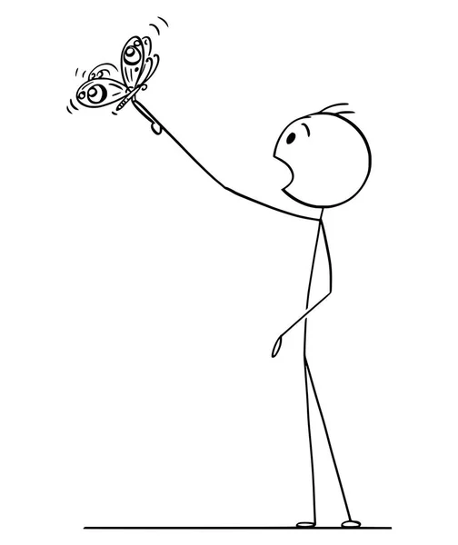 Dibujo de dibujos animados del hombre viendo hermosa mariposa en su dedo — Vector de stock