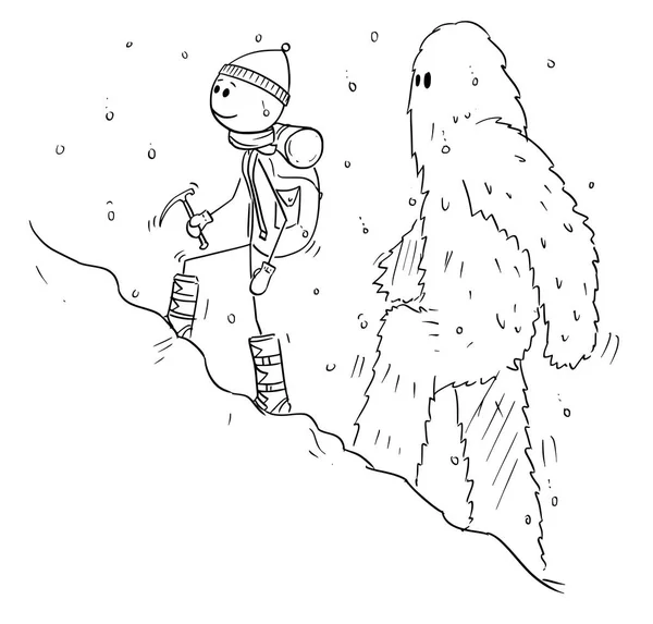 Dessin animé d'un alpiniste ou d'un alpiniste marchant dans la neige suivi par Yeti — Image vectorielle