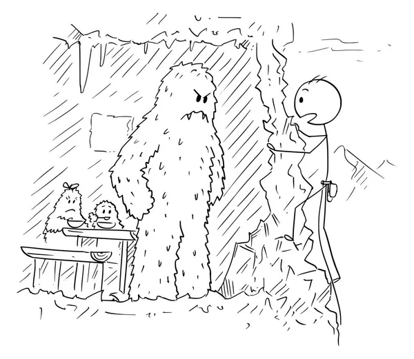 Desenho de desenhos animados de montanhista ou montanhista que encontrou a família Yeti enquanto escalava — Vetor de Stock