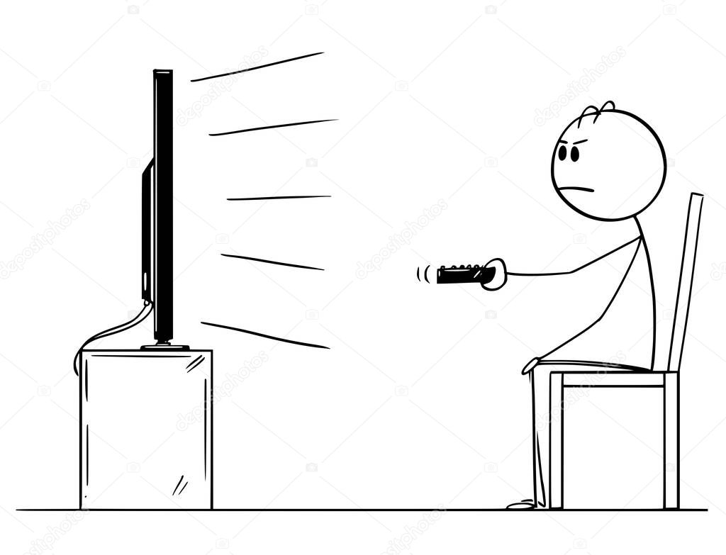 Cartoon Drawing of Man Sitting on Chair and Watching TV or Television