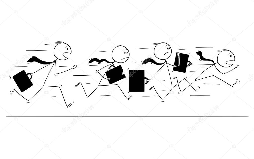 Cartoon of Group or Team of Businessmen With Briefcases Running in Panic