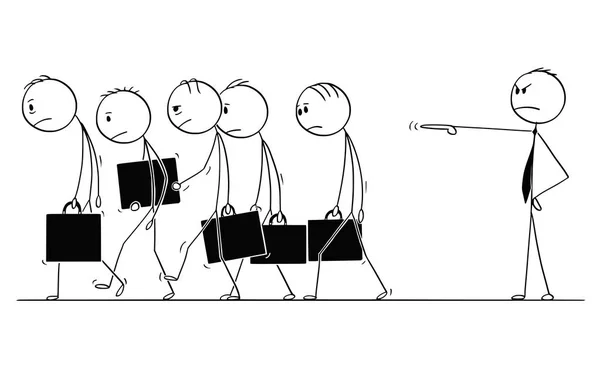 Karikatur einer Gruppe trauriger und depressiver Geschäftsleute oder Mitarbeiter, die vom Chef gefeuert werden — Stockvektor