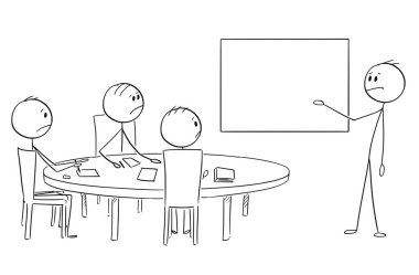 Karikatür boş masa arkasında iş ya da iş toplantı sunulması iş adamı