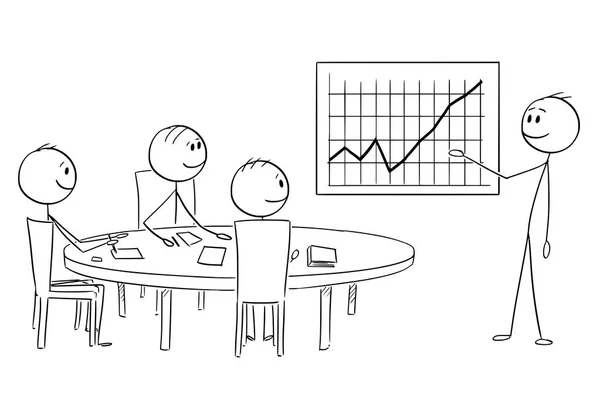 Caricatura del Empresario Presentando Buenos Resultados Financieros en Reunión de Negocios o Trabajo — Archivo Imágenes Vectoriales
