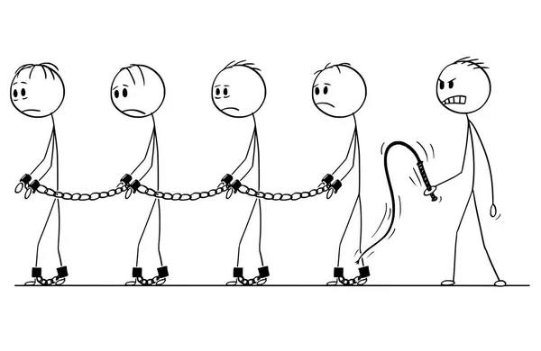 Karikatur der Sklavenschlange, die in Ketten geht, und des Sklavenmeisters mit Peitsche — Stockvektor