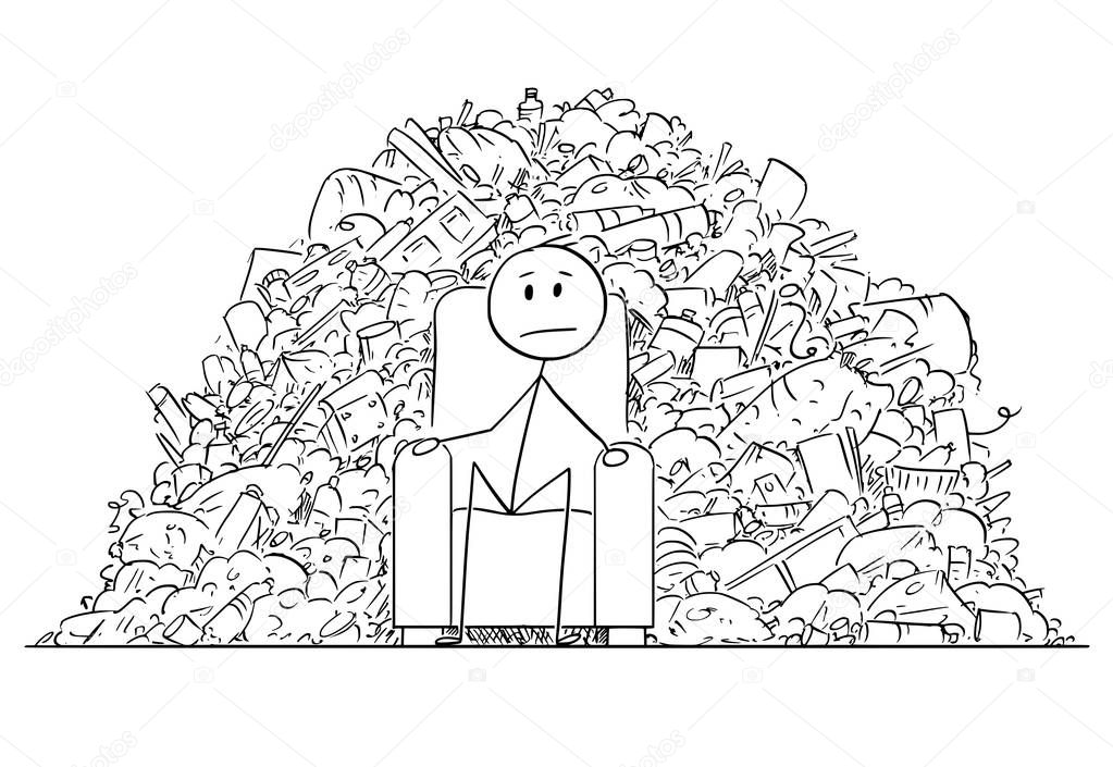 Cartoon of Man or Businessman Sitting on Armchair Surrounded by Pile of Plastic Waste