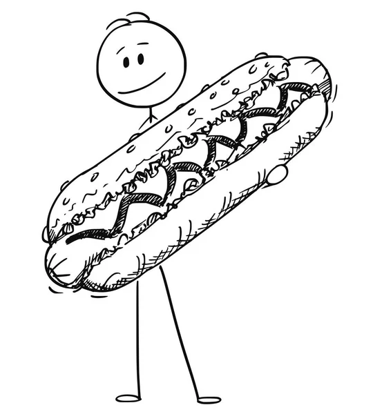 Kreskówki z uśmiechem człowieka posiadającego duży Hot Dog — Wektor stockowy
