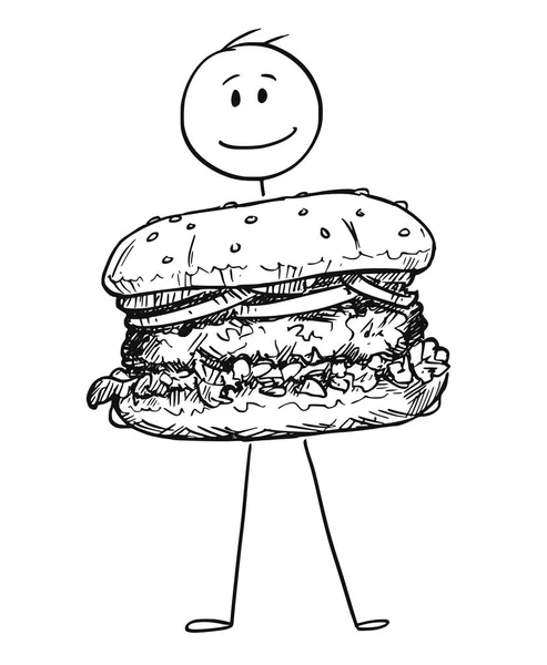 Cartoon of Smiling Man Holding Big Burger or Hamburger — Stock Vector