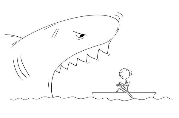 Cartoon Drawing of Man in Small Boat and Dangerous Giant Shark with Mouth Open — стоковый вектор