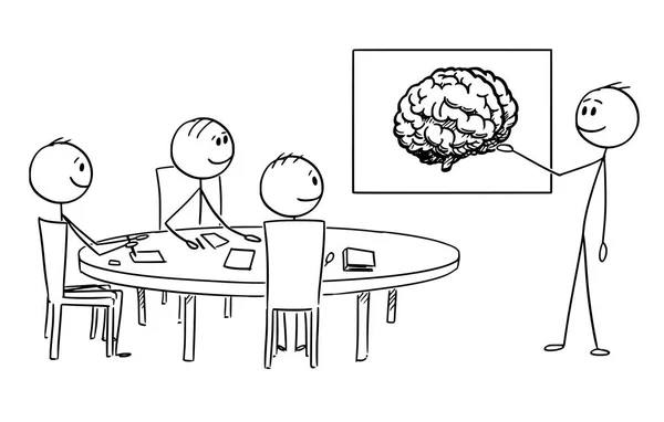 Мультфильм "Бизнес-команда по мозговому штурму", бизнесмен указывает на образ мозга — стоковый вектор