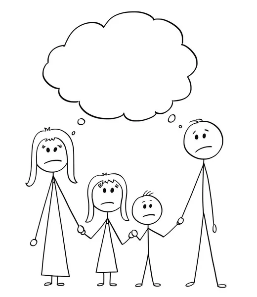 Caricature de famille malheureuse, couple d'homme et de femme et deux enfants avec ballon de parole vide — Image vectorielle
