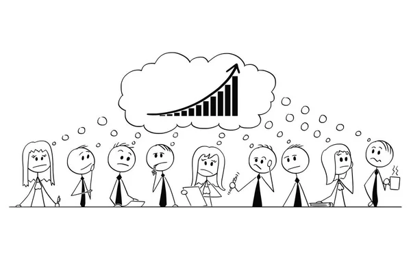 Cartone animato del team di imprenditori durante il brainstorming Pensare al successo e grafico di crescita — Vettoriale Stock