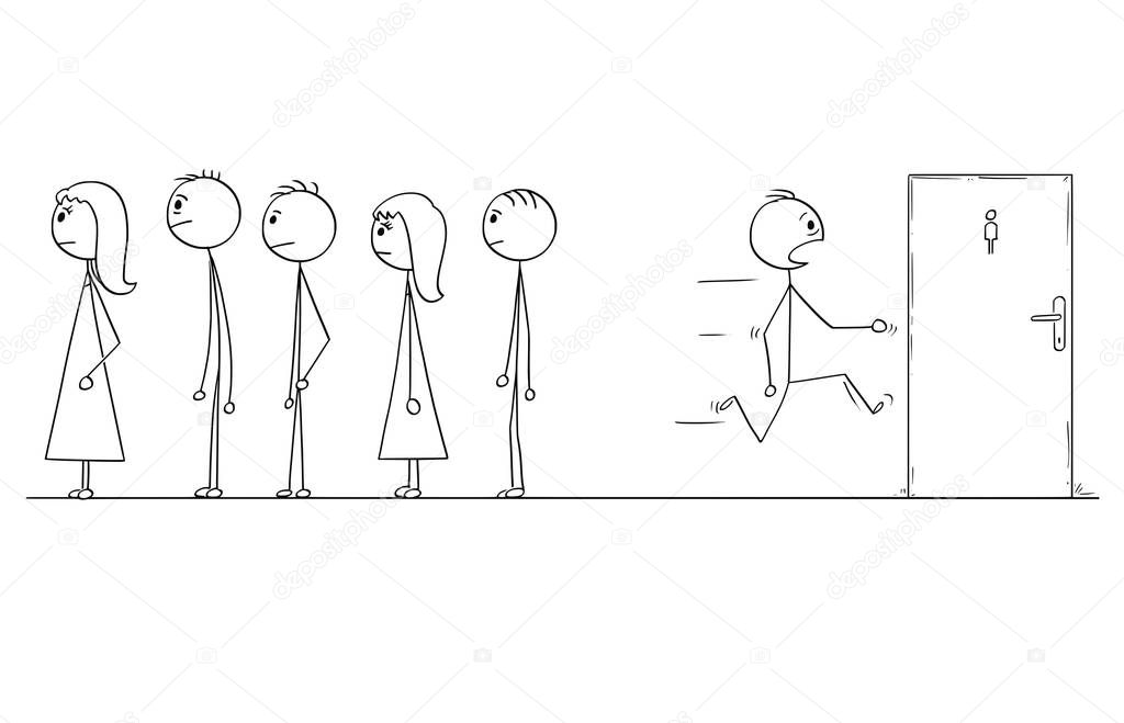 Cartoon of Man Waiting in Queue Who Need To Visit Bathroom or Toilet