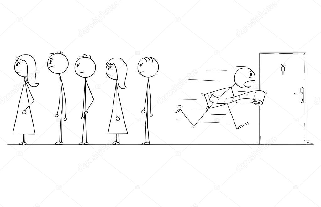 Cartoon of Man Waiting in Queue Who Need To Visit Bathroom or Toilet