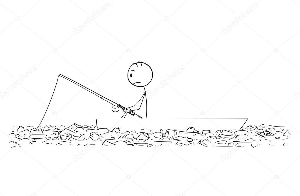 Cartoon of Fisherman Fishing on Dory or Boat in Water Full of Plastic Waste
