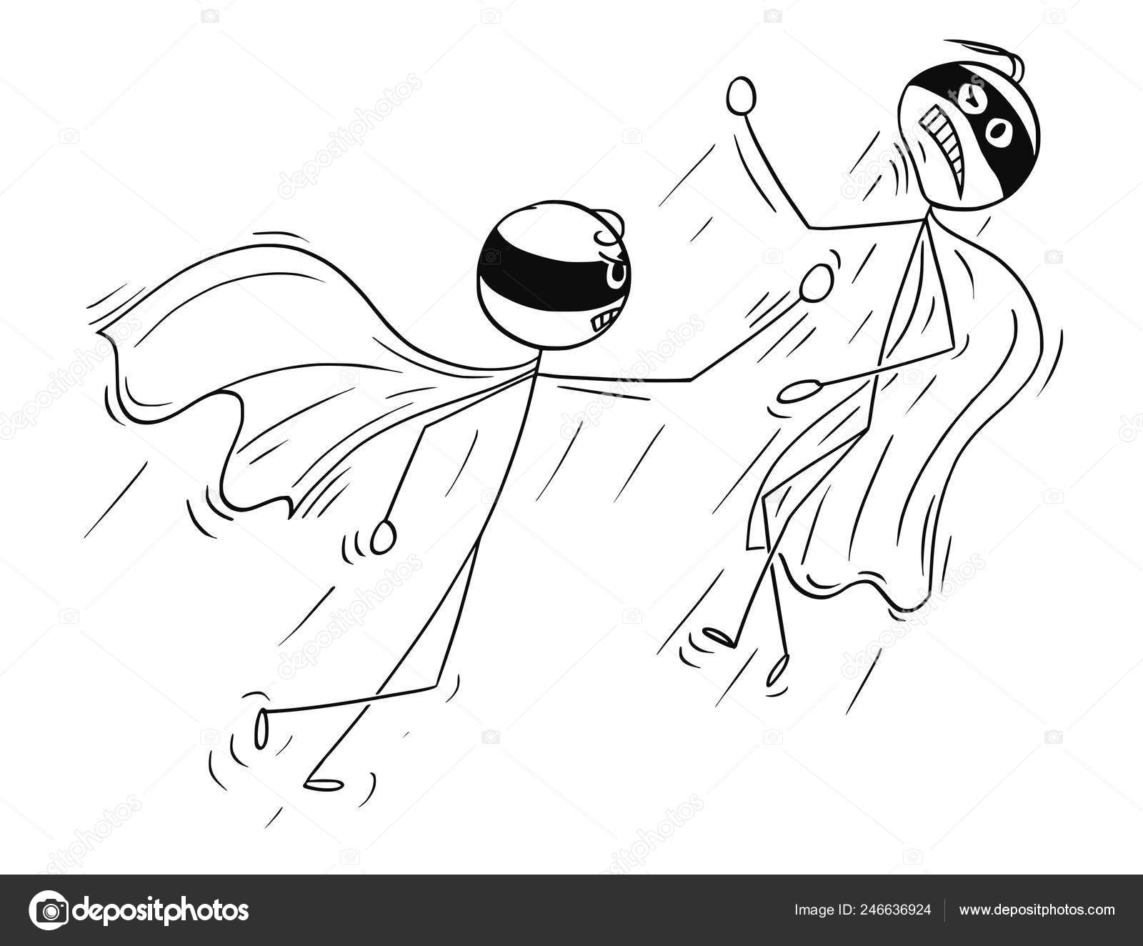 Cartoon stick man drawing illustration of karate or kung fu high kick fight  or training.