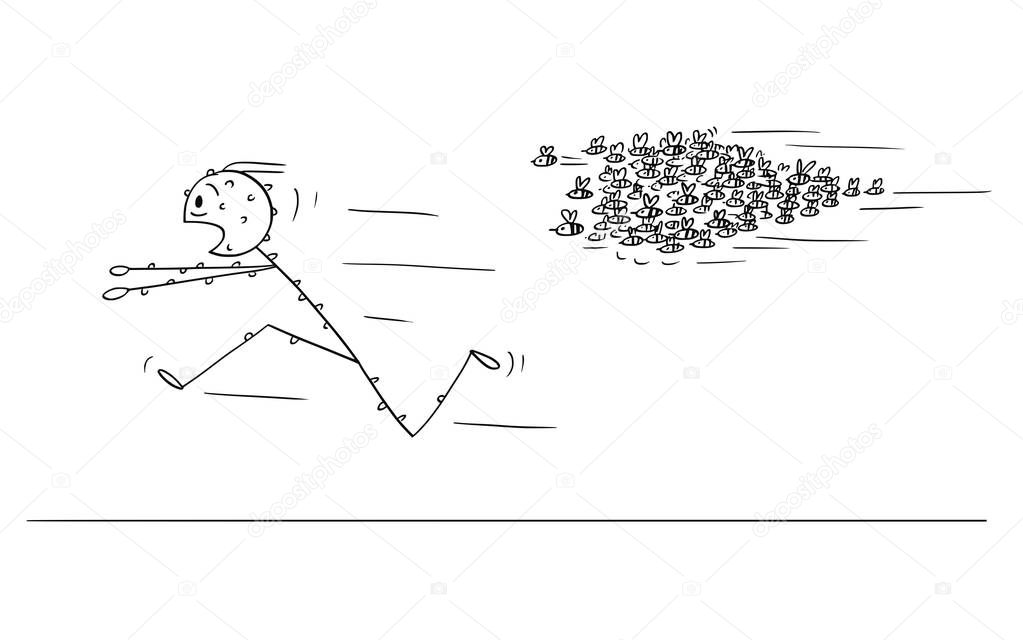 Cartoon of Man Running Away From Attacking Swarm of Bees or Wasps
