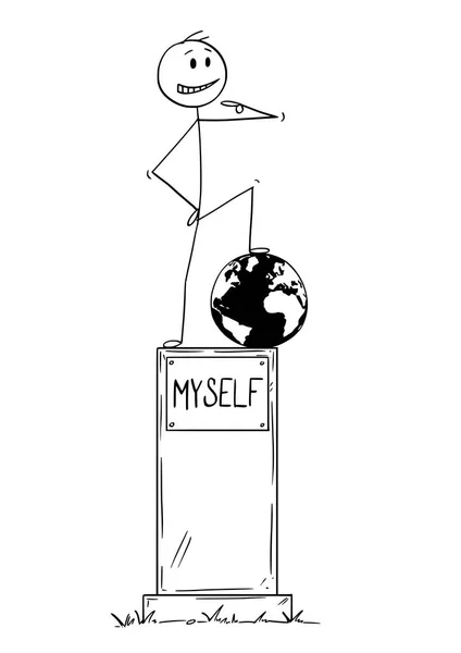 Cartoon van standbeeld van Egoist egoïstisch Man Standing op voetstuk met tekst zelf — Stockvector