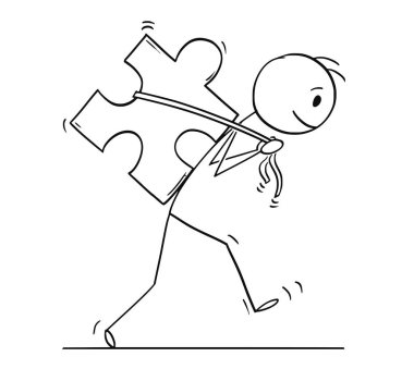 Cartoon of Man or Businessman Carrying Big Jigsaw Puzzle Piece clipart