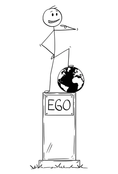 Kreslený socha Egoist sobecký člověk stojící na podstavci s textem Ego — Stockový vektor