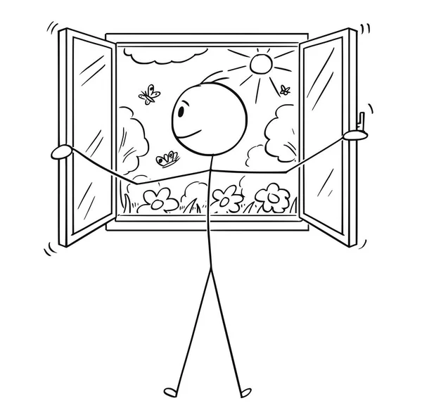 Desenhos animados do homem abrindo janela para o jardim ou a natureza — Vetor de Stock