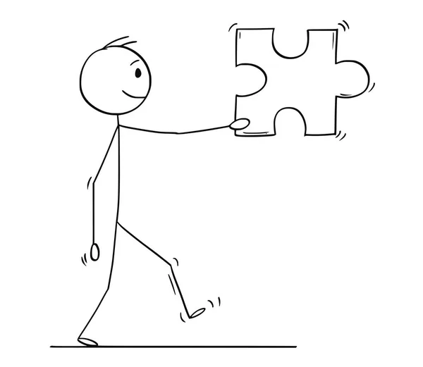 Karikatur eines Mannes oder Geschäftsmannes mit großem Puzzleteil — Stockvektor