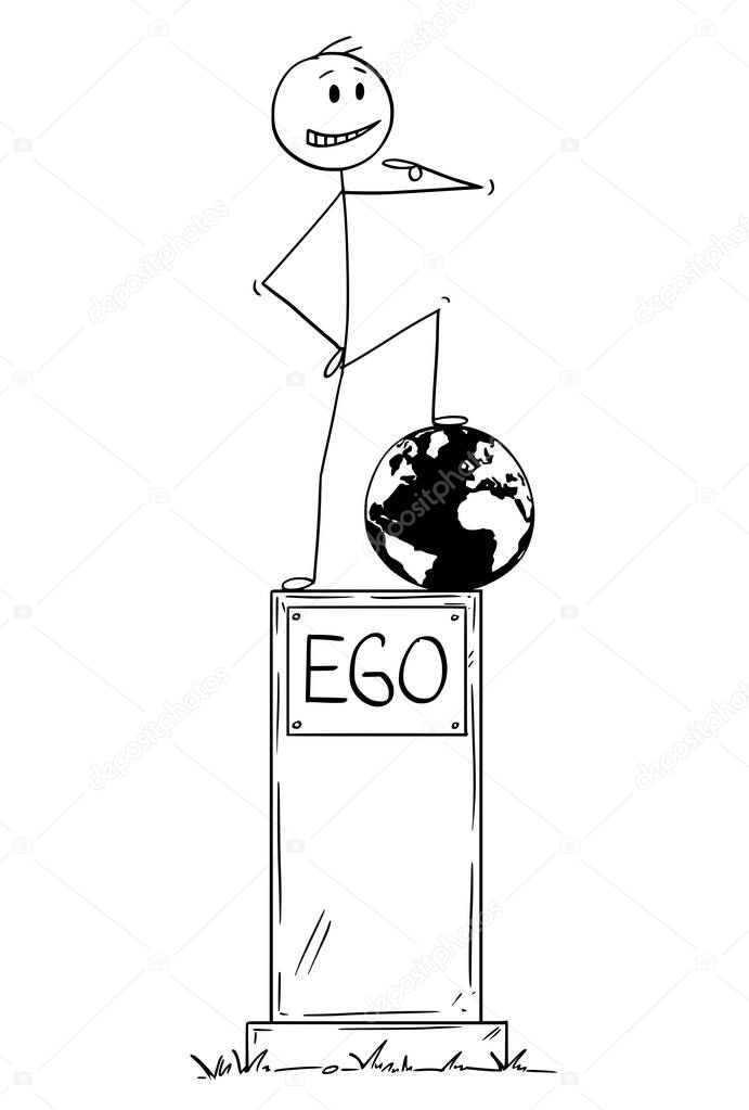 Cartoon of Statue of Egoist Selfish Man Standing on Pedestal With Text Ego