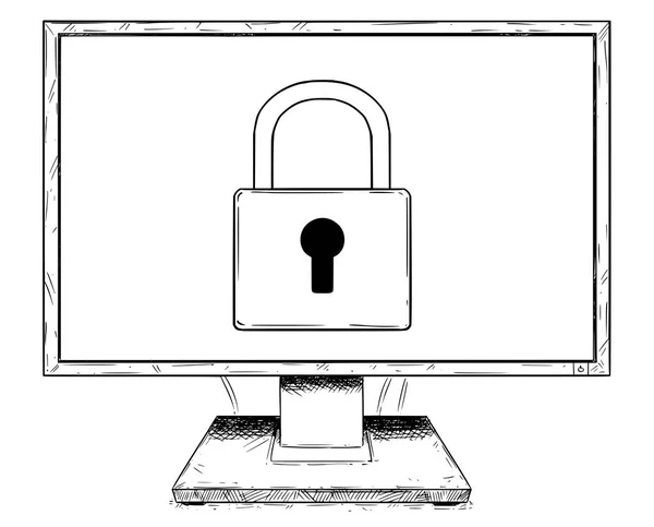 Cartoon Drawing of Computer Display With Lock Symbol — Stock Vector