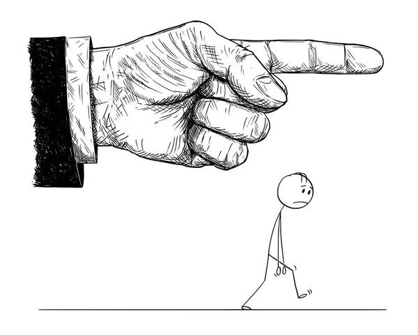 Karikatur einer großen Hand im Anzug, die einem kleinen frustrierten Mann den Befehl gibt, zu gehen oder zu gehen — Stockvektor