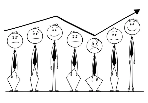 Γελοιογραφία της ομάδας επιχειρηματιών που αυξάνεται επάνω και κάτω με βέλος του γραφήματος — Διανυσματικό Αρχείο