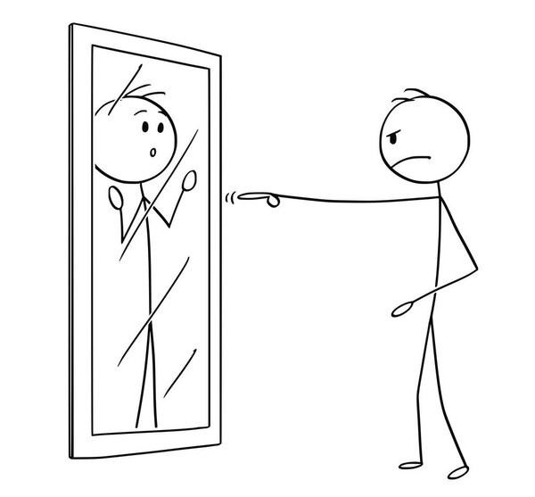Cartoon of Angry Man Blaming Yourself in Mirror