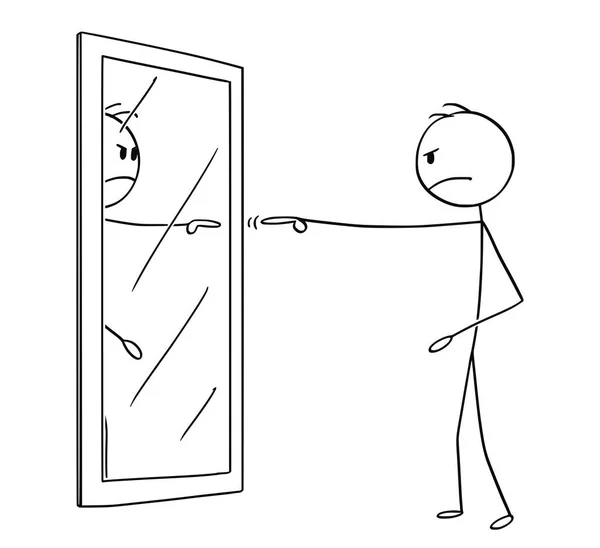 Γελοιογραφία της θυμωμένος άνθρωπος κατηγορεί τον εαυτό σας στον καθρέφτη — Διανυσματικό Αρχείο