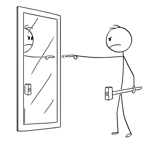 Cartoon van boze Man met hamer beschuldigen van jezelf in de spiegel — Stockvector