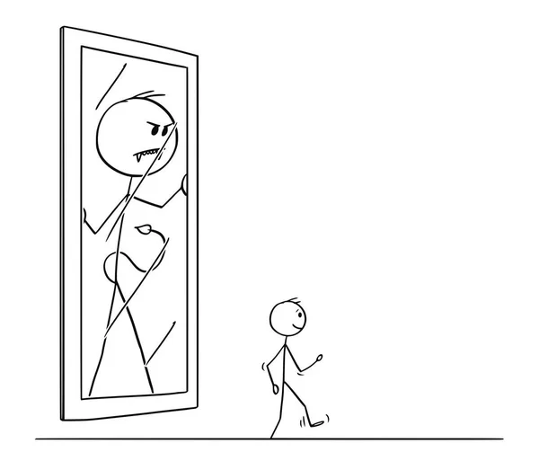 Мультфильм о счастливом человеке, покидающем своего демона или дьявола в зеркале — стоковый вектор