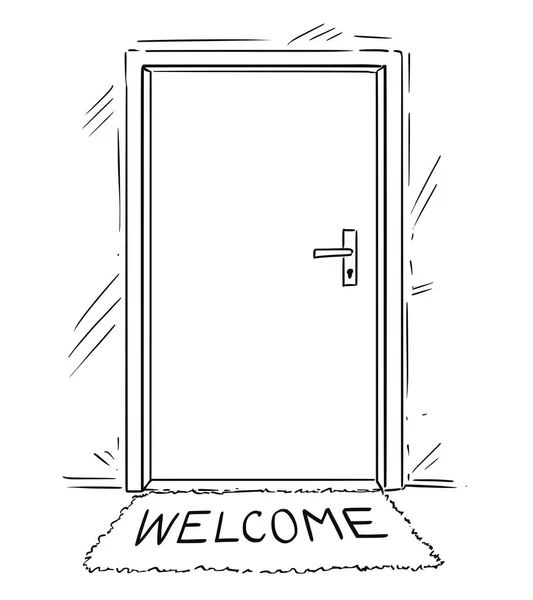Zeichnung einer geschlossenen Tür mit Willkommenstext auf Matte oder Fußmatte — Stockvektor