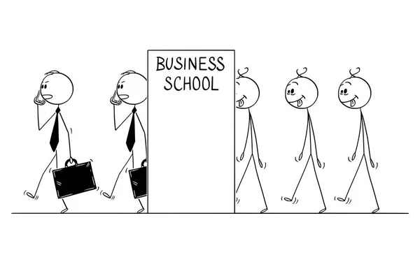 Desenhos animados de Linha de Homens Enfadonhos Transformando-se em Empresários, Conceito de Educação — Vetor de Stock