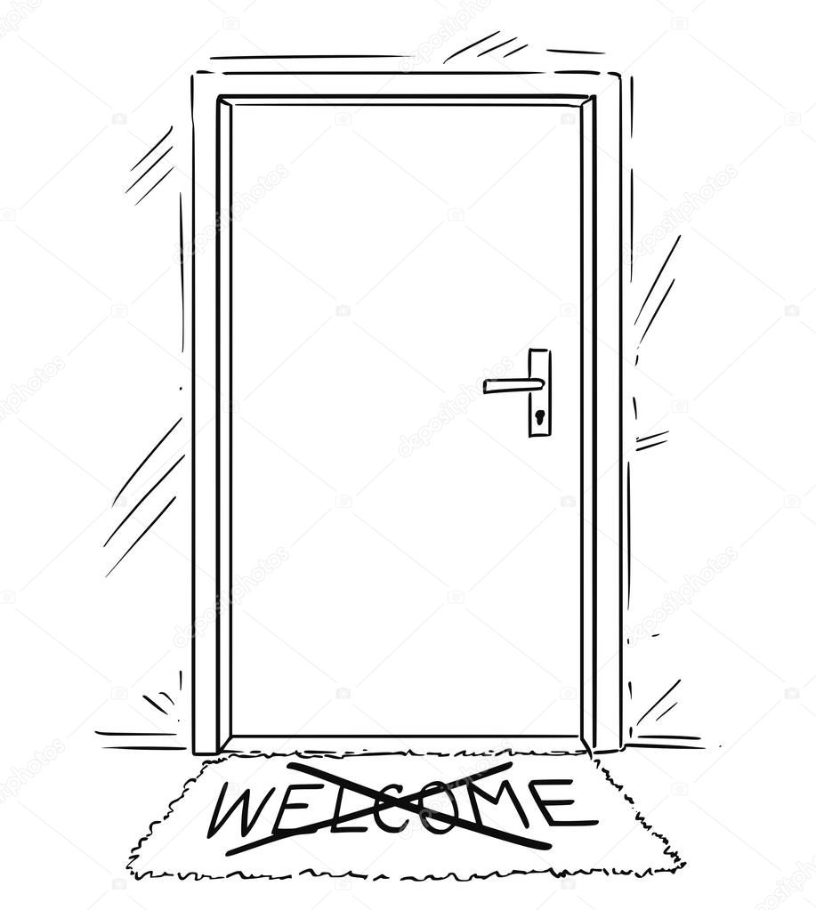 Cartoon Drawing of Closed Door With Cross Out Welcome Text on Mat or Doormat