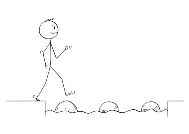 Karikatür adam ya da işadamı taşlar üzerinde to Get su engel adım.