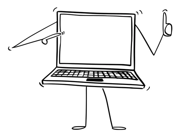 Мультфільм ноутбука або ноутбука комп'ютерний символ вказуючи на себе і показуючи великий палець вгору — стоковий вектор