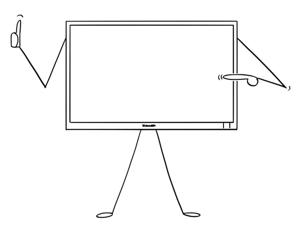 Caricatura del personaje del monitor de computadora o televisión o televisión apuntándose a sí mismo y mostrando el pulgar hacia arriba — Archivo Imágenes Vectoriales