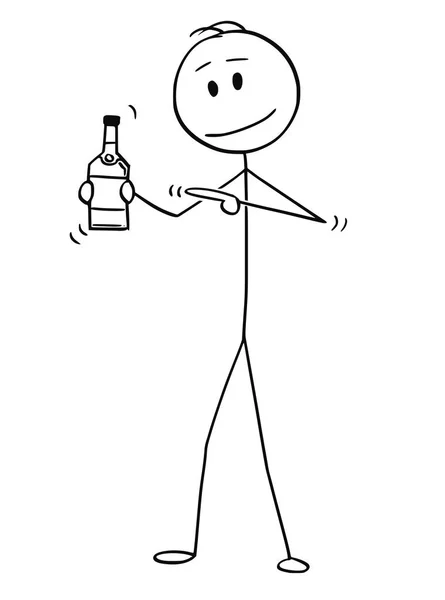 押しながらアルコールの瓶を指す男の漫画 — ストックベクタ