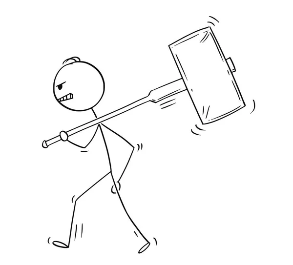 Dibujos animados de hombre enojado o hombre de negocios caminando con gran martillo — Vector de stock