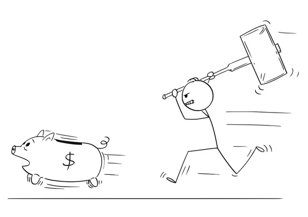Karikatur eines wütenden Mannes oder Geschäftsmannes, der ein laufendes Sparschwein mit einem großen Hammer jagt — Stockvektor