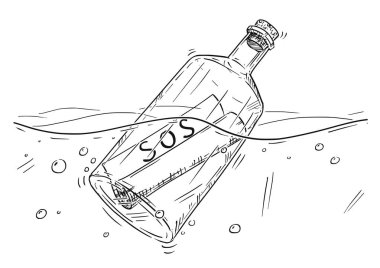 Karikatür Çizim bir okyanusta yüzen şişe Sos iletisinin