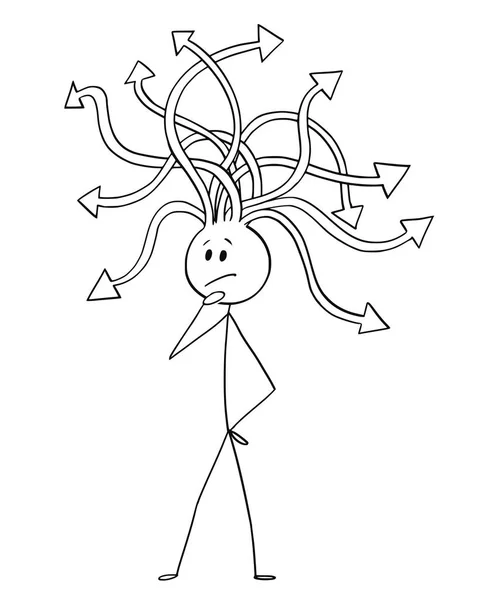 Caricatura del hombre o del hombre de negocios que piensa con las flechas que vienen de su cabeza — Vector de stock